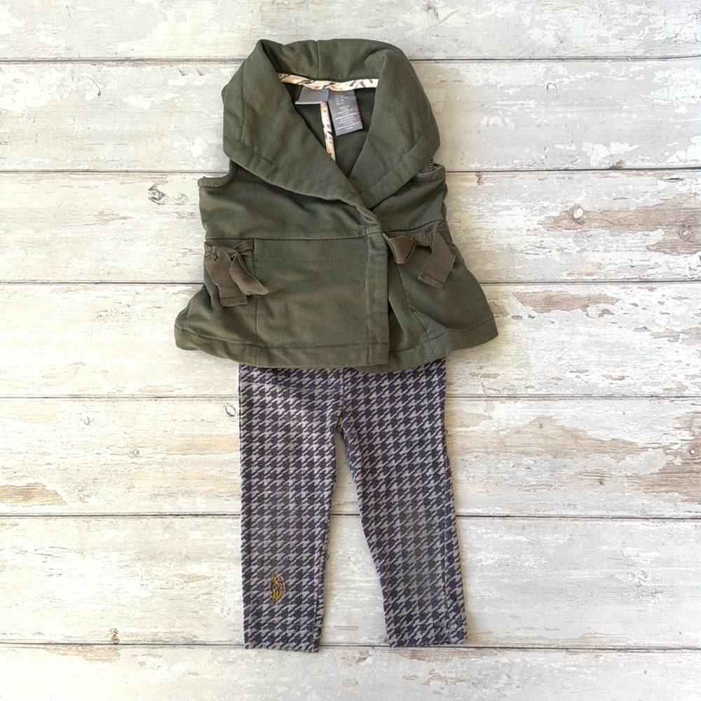 U.S. Polo Assn 12m Baby Girl Set Purple Herringbone Leggings Olive Green Vest